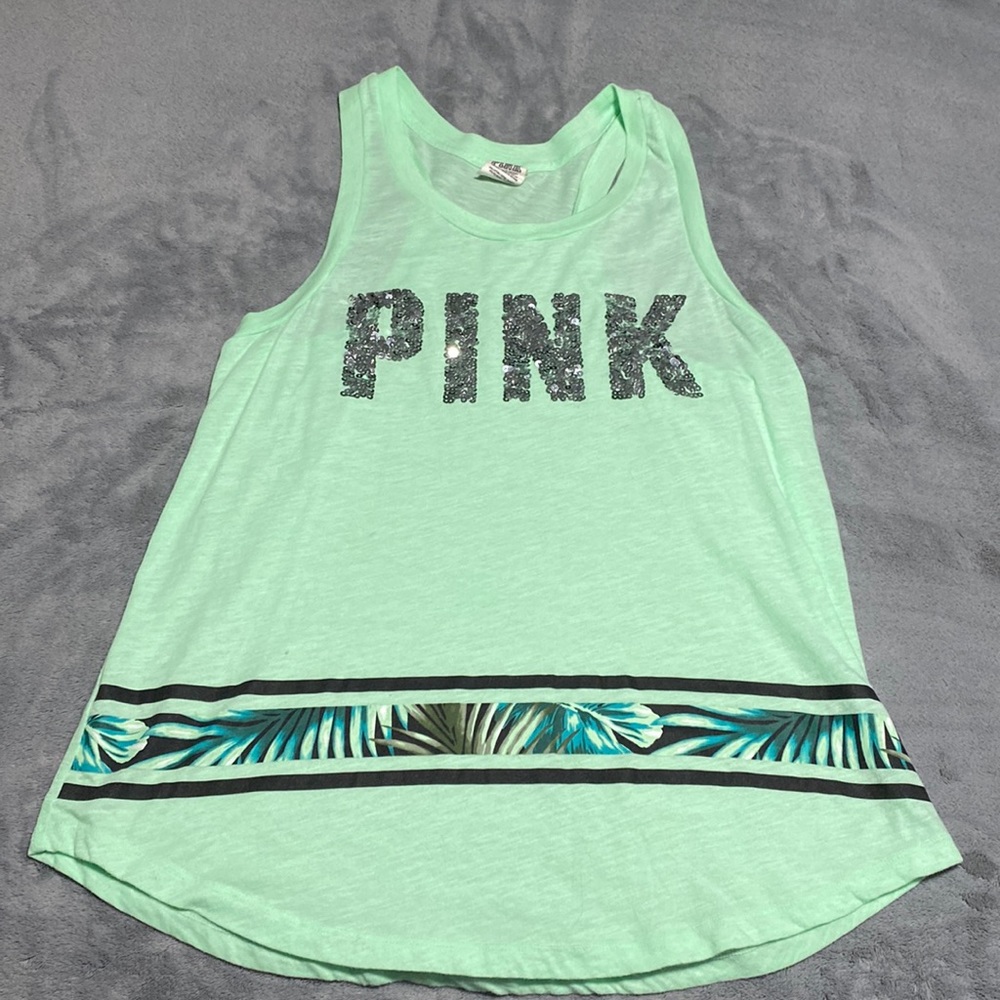 PINK tank top, never worn, neon green with sequence